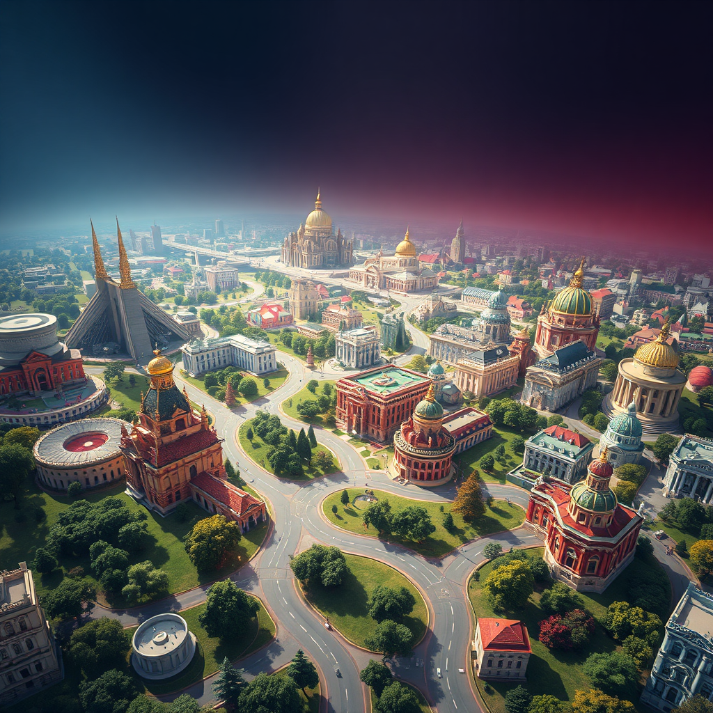 Create a stylized image depicting a vast and diverse landscape representing the world of web design. Show different architectural styles, from minimalist modern to ornate classical, all connected by a network of roads and pathways. The lighting should be dynamic and varied, highlighting the diversity of the landscape. The color palette should be rich and vibrant, reflecting the multitude of possibilities in web design. Style: Expansive, diverse, and interconnected. Technical Specs: 4K resolution, high quality rendering.