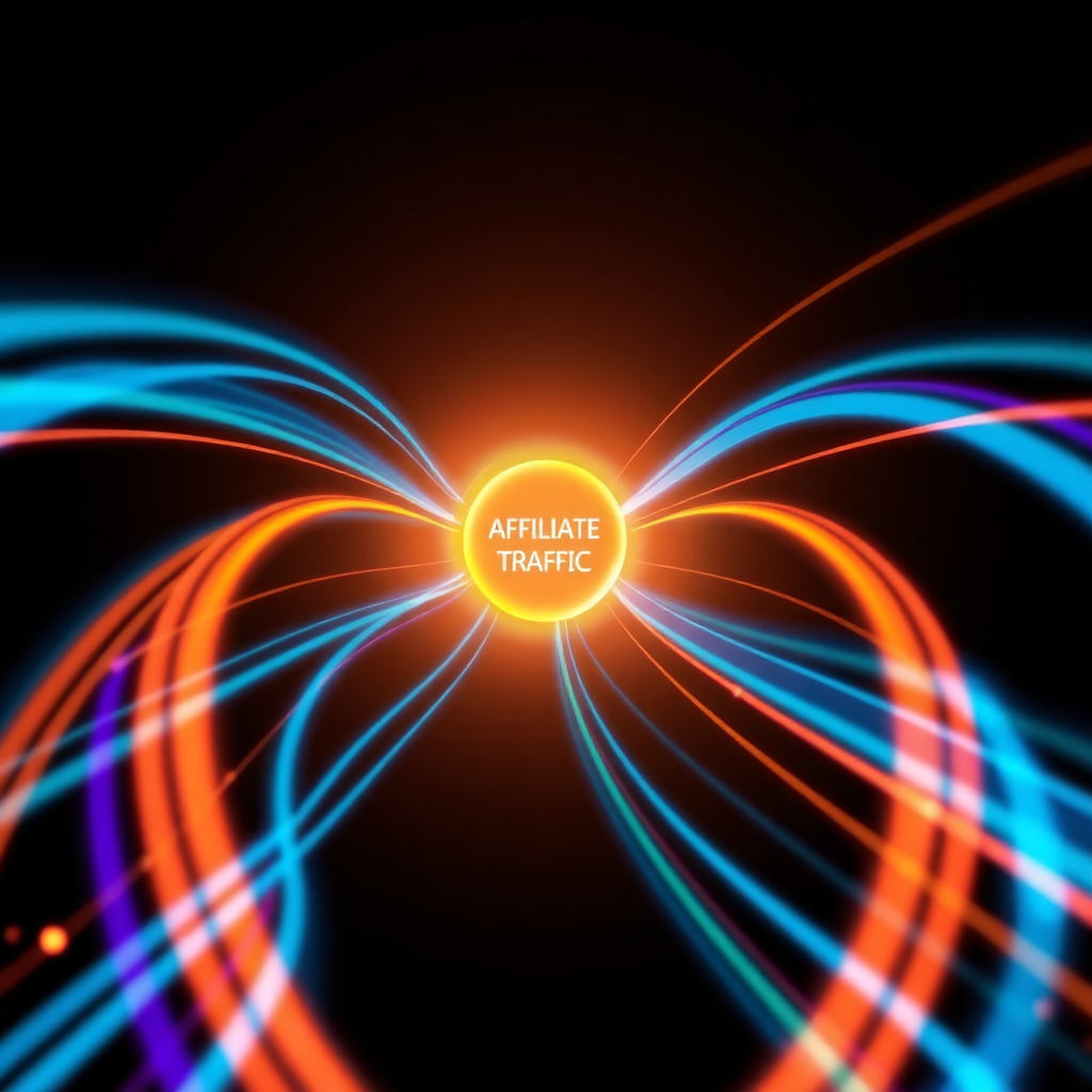 Create a stylized image depicting traffic flowing towards a central point (representing an affiliate link). The traffic is represented by streams of light, each with a different color, symbolizing various traffic sources (e.g., social media, SEO, paid advertising). The central point is a glowing circle representing conversion and revenue. The overall style is dynamic and energetic, with a sense of constant movement. Style reference: Data visualization, emphasizing flow and convergence. Technical specs: 4K resolution, high quality.