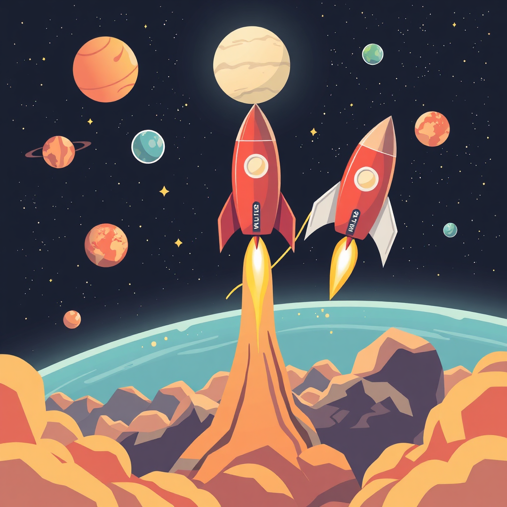Create a stylized image depicting the scaling of an affiliate business. A rocket is launching into space, carrying a graph showing exponential growth. The rocket is surrounded by stars and planets, representing the vast potential of the online market. The overall style is futuristic and aspirational, with a sense of unlimited possibilities. Style reference: Space illustration, emphasizing growth and expansion. Technical specs: 4K resolution, high quality.