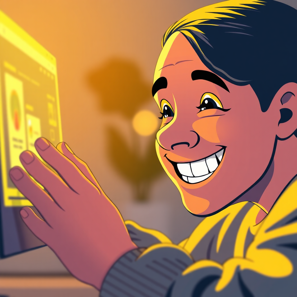 Create a stylized image depicting a smiling face interacting with a website interface. The interface should be clean and intuitive, with clear navigation and user-friendly elements. The lighting should be warm and inviting, emphasizing the positive experience. The color palette should be bright and cheerful, using tones of yellow, green, and blue. Style: User-friendly, intuitive, and positive. Technical Specs: 4K resolution, high quality rendering.