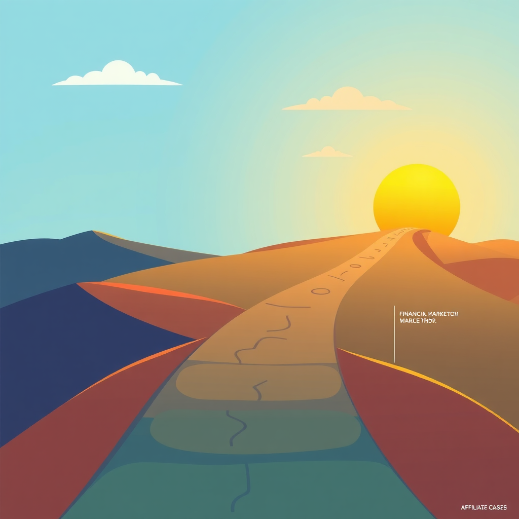 Create a stylized image depicting a journey toward financial freedom through affiliate marketing. A path leads from a starting point (representing initial learning) to a distant horizon with a golden sun (representing financial success). The path is marked with milestones representing key steps in affiliate marketing, such as choosing a niche, building a website, and promoting products. The overall style is slightly abstract, with vibrant colors and a sense of forward momentum. Style reference: Infographic illustration. Technical specs: 4K resolution, high quality.