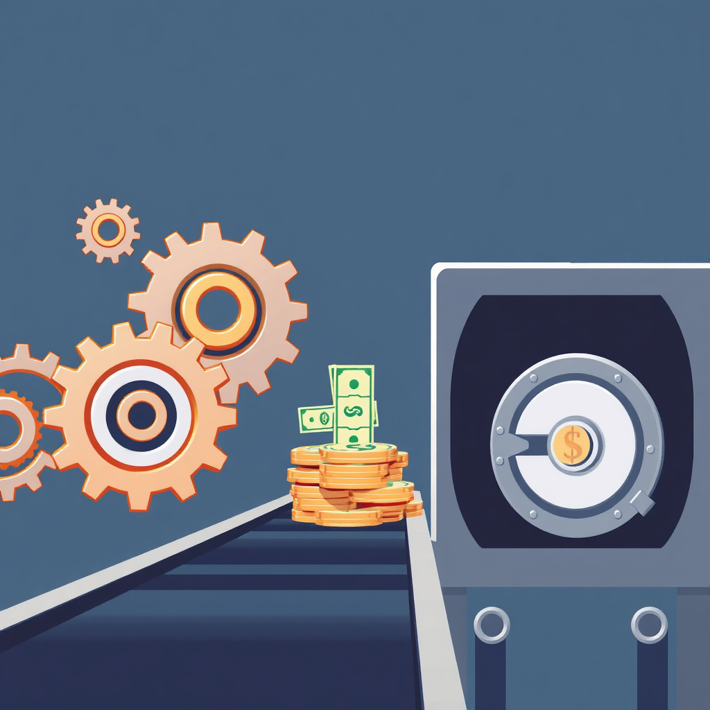 Create a stylized image depicting automation leading to passive income. A series of gears and cogs are turning smoothly, representing automated processes. The gears are connected to a conveyor belt carrying money towards a vault. The overall style is clean and efficient, with a sense of seamless operation. Style reference: Industrial illustration, emphasizing automation and efficiency. Technical specs: 4K resolution, high quality.