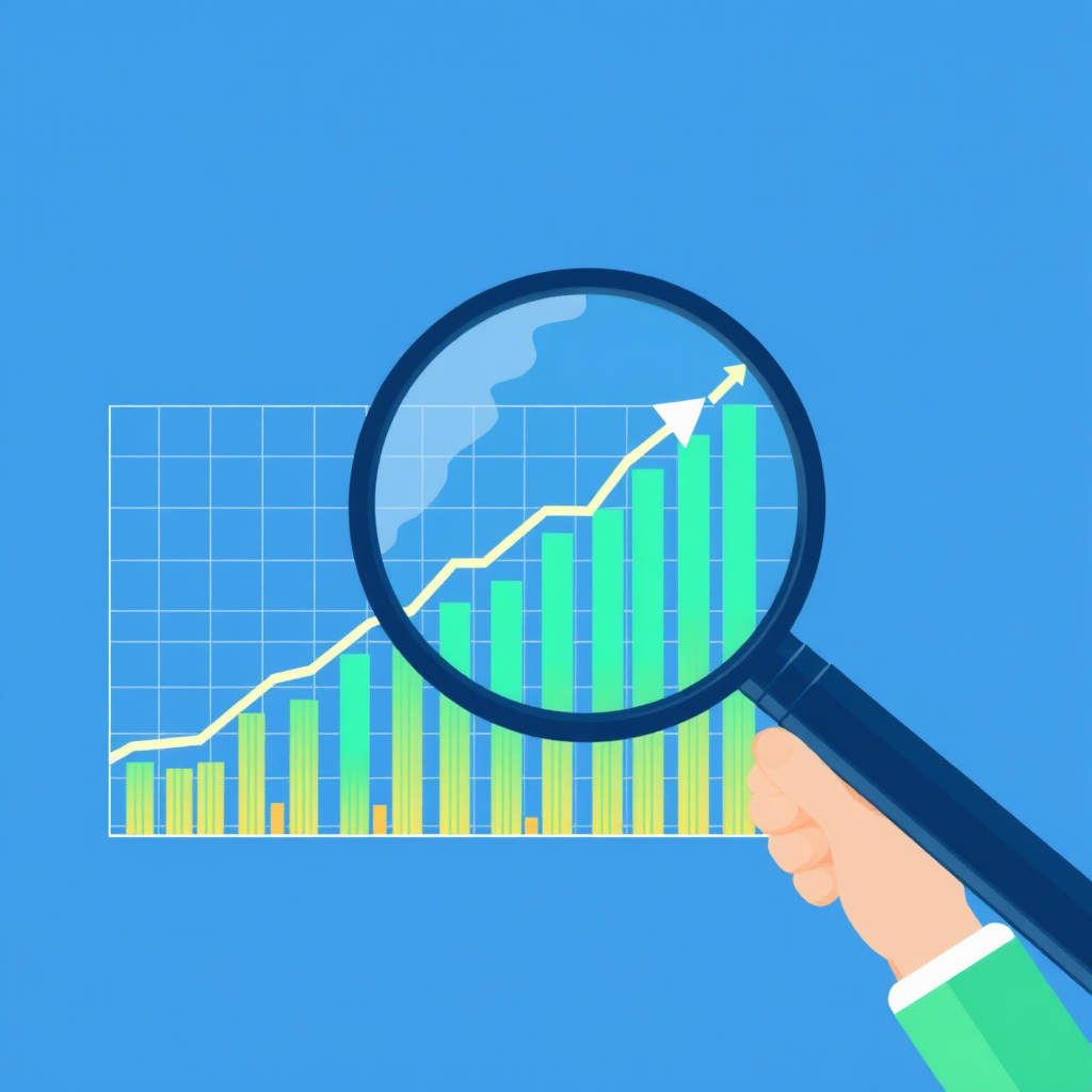 Create a stylized image depicting success measurement and optimization in affiliate marketing. A graph showing an upward trend is superimposed on a grid of data points. A person is using a magnifying glass to examine the data, identifying areas for improvement. The color palette is clean and professional, using blues and greens to convey growth and accuracy. Style reference: Data visualization, emphasizing analysis and optimization. Technical specs: 4K resolution, high quality.
