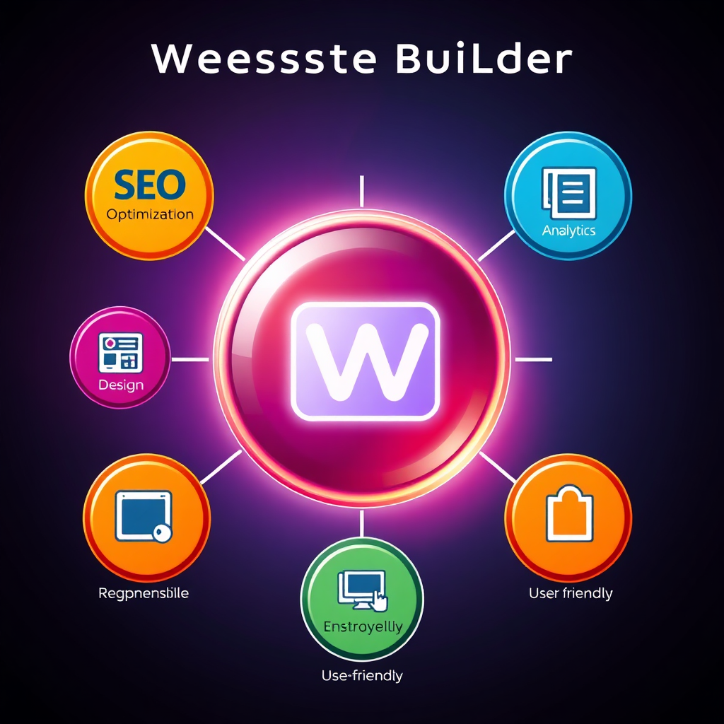 Create a stylized image focusing on the key features of a website builder. Depict a central glowing icon representing a website, surrounded by smaller icons representing essential features such as SEO optimization, responsive design, analytics, and user-friendliness. The lighting should be dramatic, highlighting the central icon and the surrounding features. The color palette should be vibrant and modern, using contrasting colors to differentiate the features. Style: Modern, abstract, and informative. Technical Specs: 4K resolution, high quality rendering.