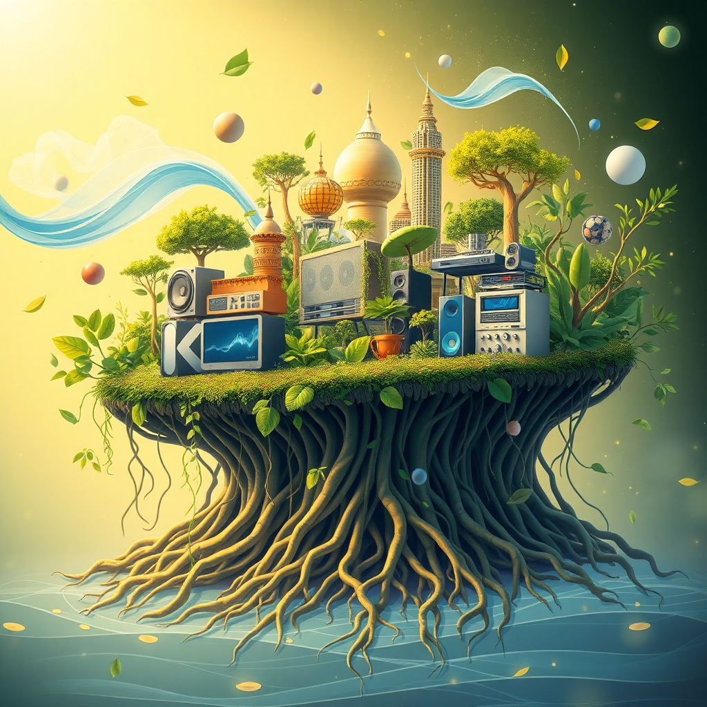 Create a visual representation of a thriving KI-Audio empire. Depict a flourishing ecosystem of sound waves, audio products, and satisfied customers. The ecosystem should be vibrant and interconnected, with roots representing sustainable strategies and growth. Use a rich color palette with greens, blues, and golds to convey prosperity and stability. The lighting should be bright and optimistic, symbolizing long-term success. The scene should evoke a feeling of abundance and continuous growth in the KI-Audio domain. Style references: nature documentaries and business growth infographics.