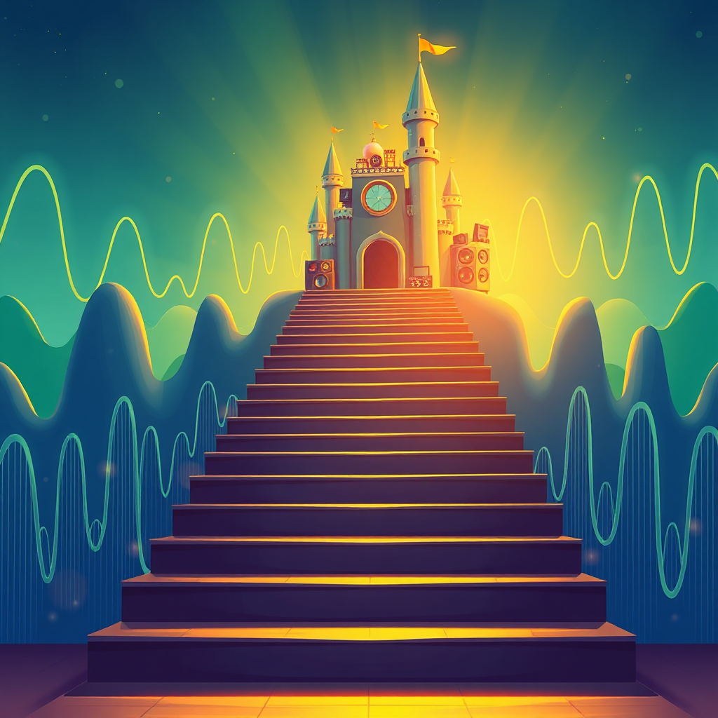Create a visual representation of a staircase leading to a castle made of sound waves. Each step represents a stage in the KI-Audio creation process. The castle is brightly lit and adorned with audio equipment. The scene should emphasize a clear, easy-to-follow path to success. The lighting should be warm and inviting, creating a sense of accomplishment. The color palette consists of blues, greens, and golds, symbolizing growth and innovation. The image should evoke a feeling of guided learning and achievement. Style references: fantasy illustrations and educational infographics.