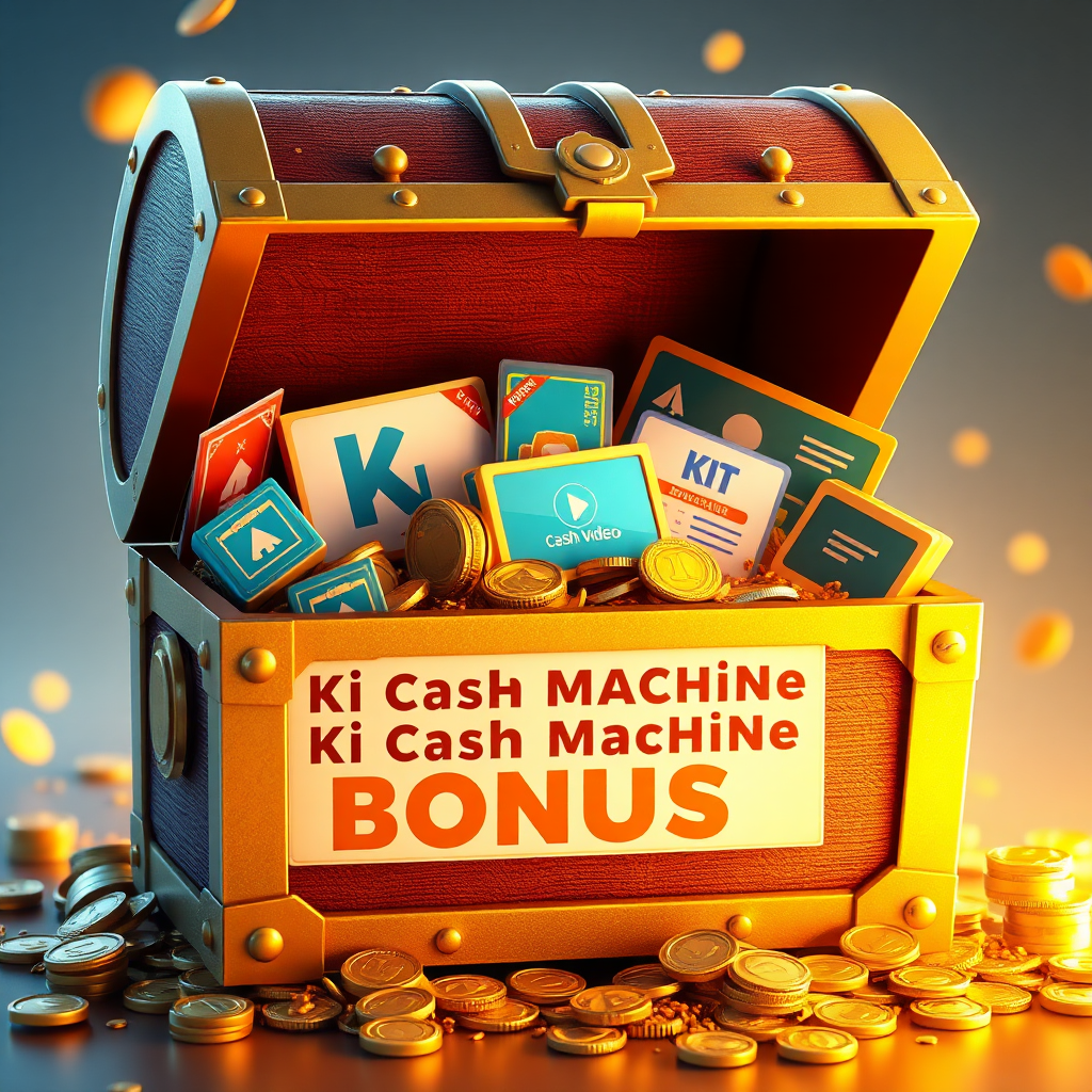 Create a visually compelling image showing a treasure chest overflowing with valuable digital assets (e.g., software icons, premium templates, training videos). The chest should be labeled 'KI Cash Machine Bonus'. Use a warm, inviting color palette with gold and vibrant blues. Lighting should highlight the treasures inside the chest. Style: Realistic rendering with a touch of fantasy. Resolution: 4K.