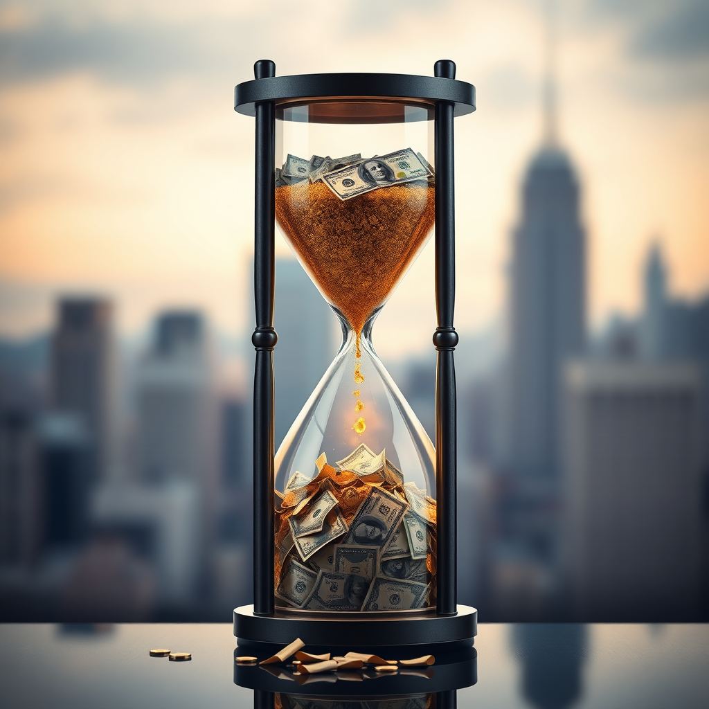 Create an image depicting a digital hourglass with money flowing through it instead of sand. The bottom chamber is overflowing with cash. Use a sense of urgency with a dramatic lighting and a slightly tilted camera angle. The background is a blurred cityscape. Colors should be rich golds and deep blues. Style: Photorealistic. Resolution: 4K.