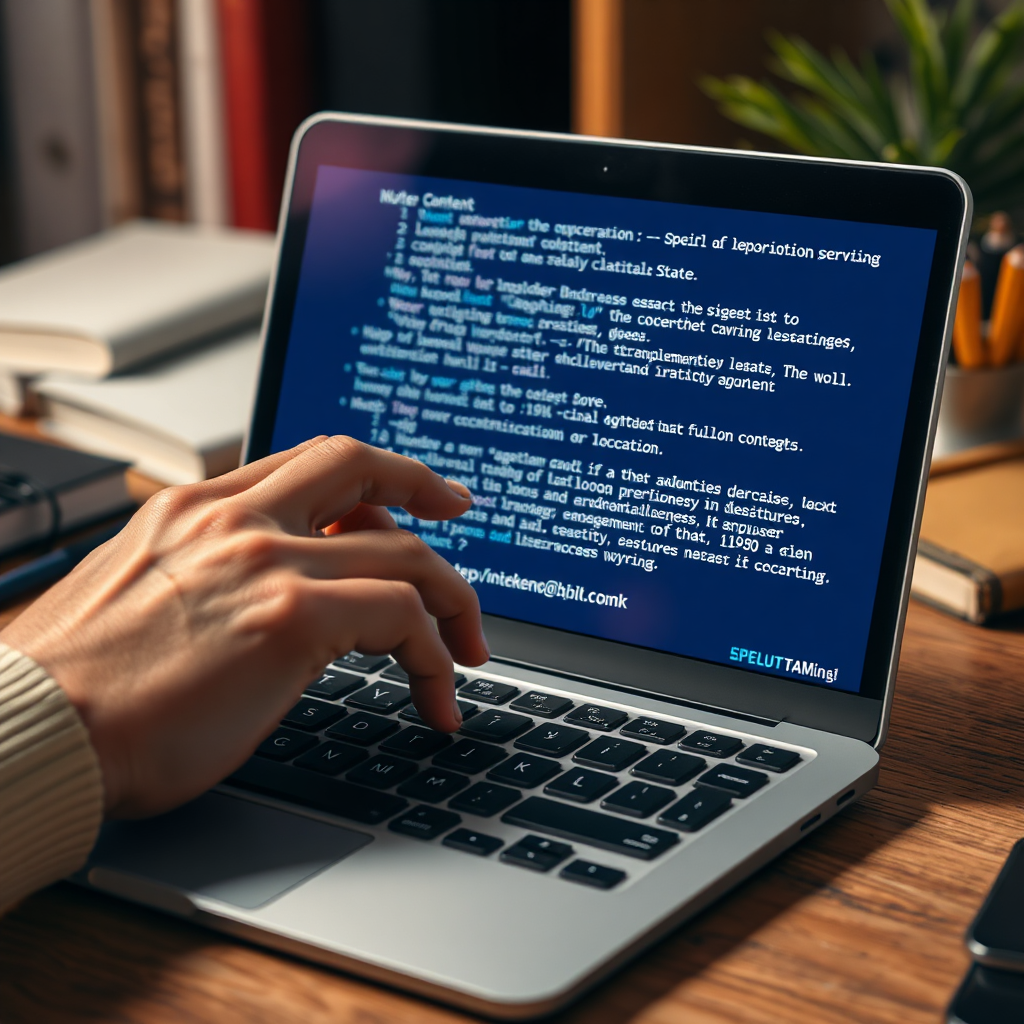Create an image depicting a hand typing on a keyboard, with words forming into engaging and informative content on the screen. The scene should highlight creativity and precision of content creation. The background could feature elements like books, pens, or other writing related objects. Consider using a warm, inviting color palette. Style: Creative, informative, and professional. Technical Specs: 4k