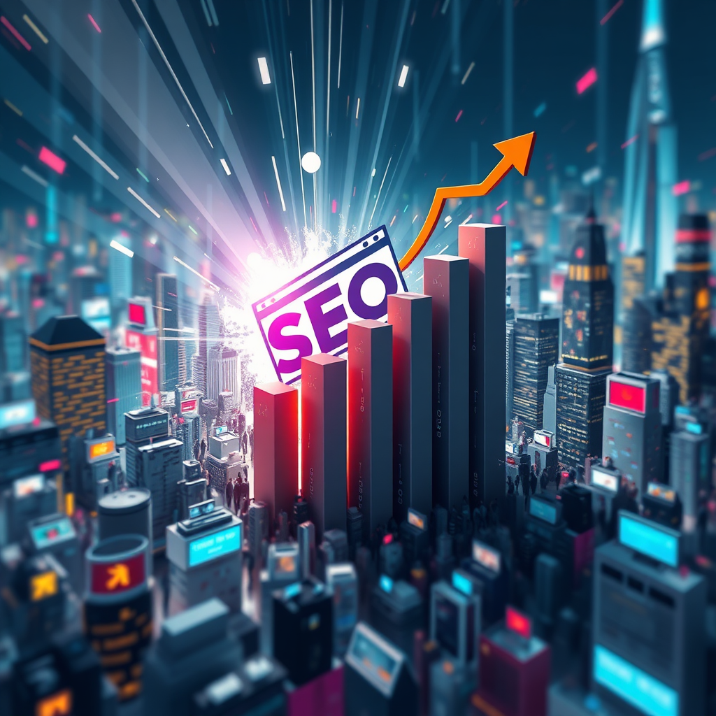 Create an image depicting a website rising through search engine rankings. Visualise the website breaking through a crowded field of other websites and soaring towards the top spot. The environment is a abstract cityscape, representing the Internet. Consider using visual metaphors like light beams or arrows to represent the SEO process. Style: Upbeat, triumphant, and strategic. Technical Specs: 4k