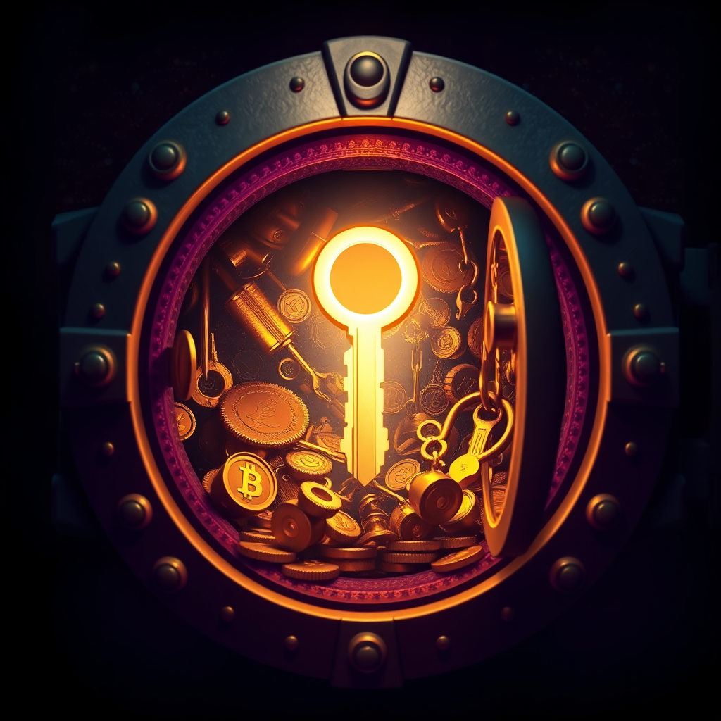 Create an image of a digital key unlocking a vault filled with valuable resources and tools. The key is glowing brightly, and the vault is shimmering with gold. The background is dark and mysterious, adding to the sense of excitement and discovery. The color palette should be rich and luxurious, with accents of gold and purple. Lighting should be dramatic and focused. Resolution: 4K.