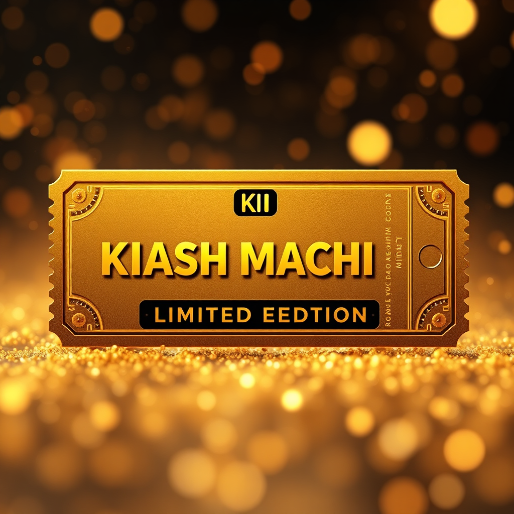 Create an image of a golden ticket with the 'KI Cash Machine' logo and a prominent 'Limited Edition' label. The ticket is surrounded by shimmering particles. Use a luxurious color palette with golds and deep reds. Style: Photorealistic with a touch of magic. Resolution: 4K.