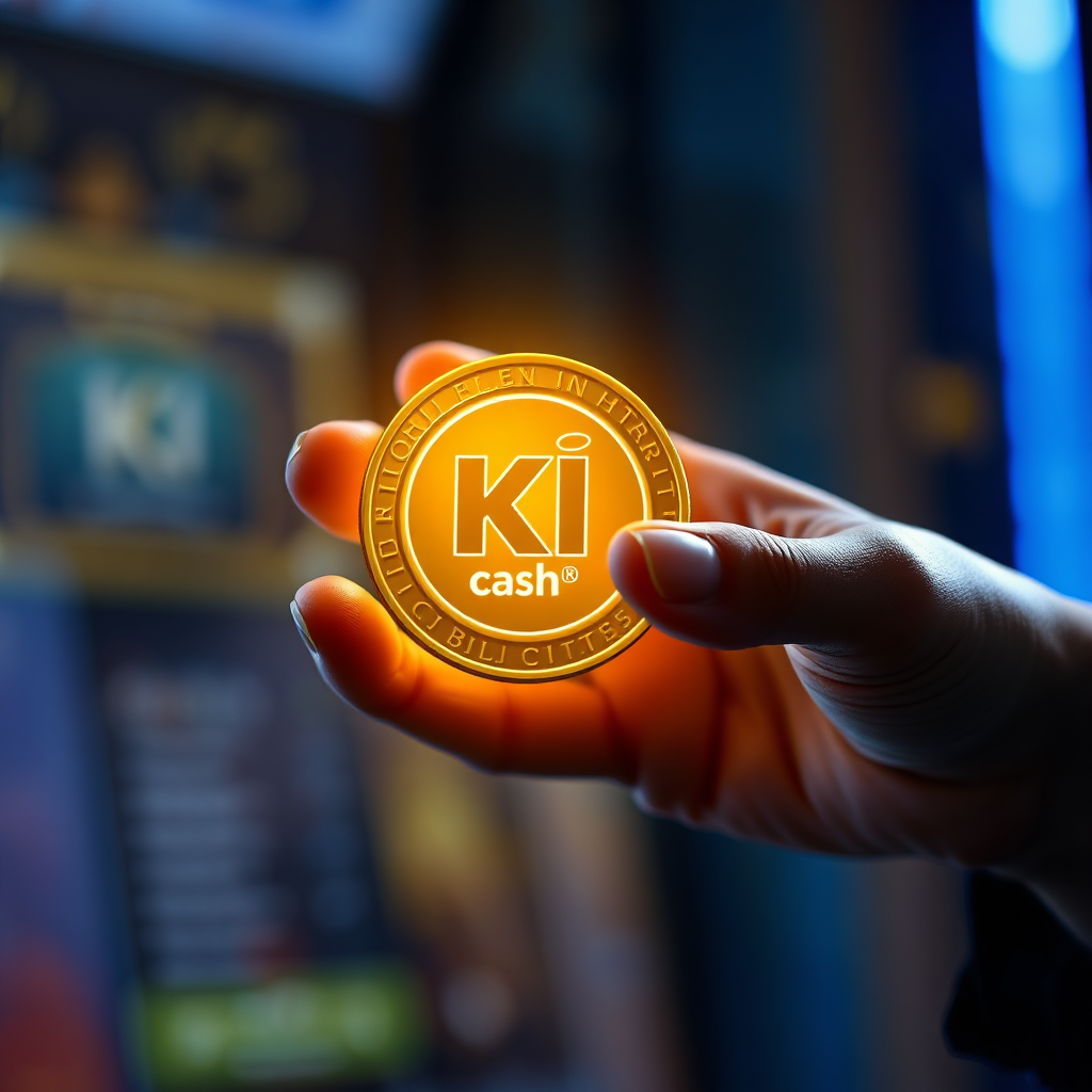 Create an image of a hand reaching out to grab a glowing coin with the 'KI Cash Machine' logo on it. The coin is floating in mid-air. Use a dramatic lighting and a shallow depth of field. The background is blurred and abstract. Colors should be primarily gold and blue. Style: Photorealistic. Resolution: 4K.