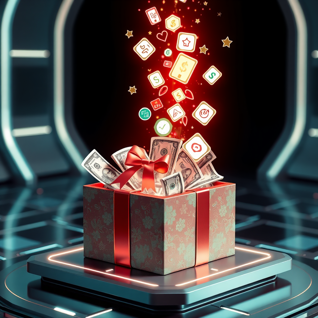 Depict a beautifully wrapped gift box opening to reveal a stream of money and digital icons representing valuable bonuses. The gift box is sitting on a futuristic platform. Use a festive color palette with reds, greens, and golds. Style: Photorealistic. Resolution: 4K.