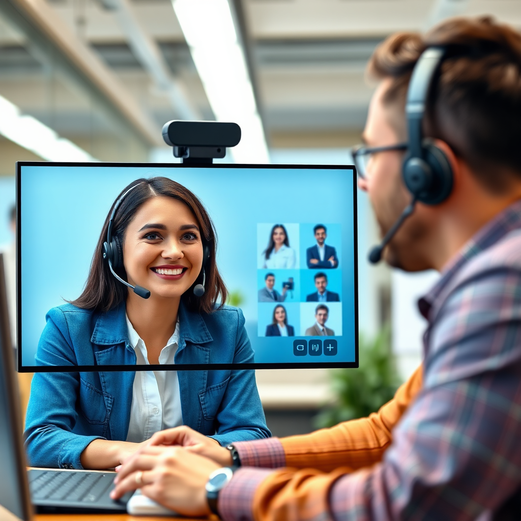 Depict a friendly customer service representative assisting a user via a video call. The representative is smiling and helpful, and the user appears to be engaged and satisfied. The background shows a modern office environment. The color palette should be warm and inviting, with accents of blue and green to represent trust and support. Lighting should be bright and cheerful. Resolution: 4K.