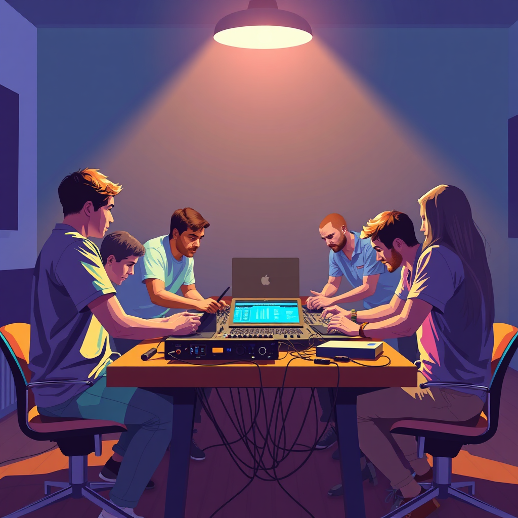 Depict a group of people collaborating around a table filled with audio equipment. The scene represents a community of KI-Audio enthusiasts sharing ideas and supporting each other. The lighting should be warm and inviting, creating a sense of camaraderie. The color palette consists of blues, greens, and purples, symbolizing collaboration and innovation. The image should evoke a feeling of belonging and shared success. Style references: collaborative workspaces and online community visuals.