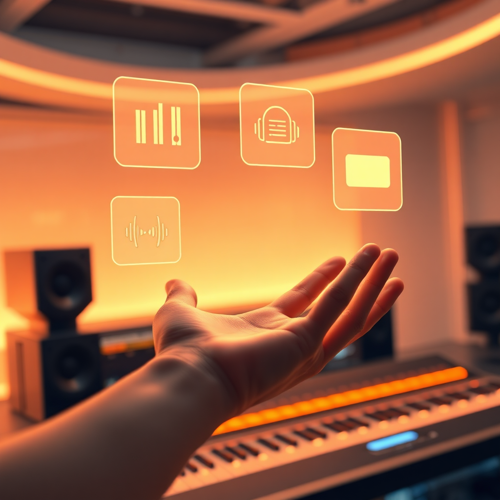 Depict a hand reaching out and interacting with floating icons representing different stages of audio production: recording, editing, mastering, and distribution. The icons should be sleek and modern, hovering over a futuristic workstation. The lighting should be soft and inviting, creating a sense of ease and accessibility. Color palette should be warm and inviting, using oranges, yellows, and light blues to create a welcoming atmosphere. The scene should evoke a feeling of hands-on learning and practical application of KI-Audio techniques. Style references: UX/UI design and educational technology visuals.