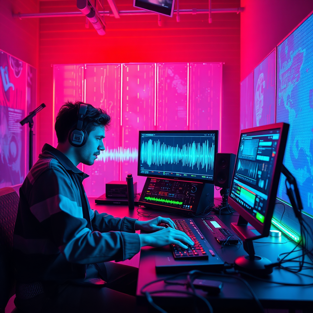 Depict a scene where AI tools are used to generate audio content. The scene involves a musician working with AI-powered software, creating soundscapes and unique audio experiences. Highlight the collaborative aspect between humans and AI. Lighting should be creative and dynamic, reflecting the innovative nature of the content. Colors should be vibrant and expressive to represent creativity.