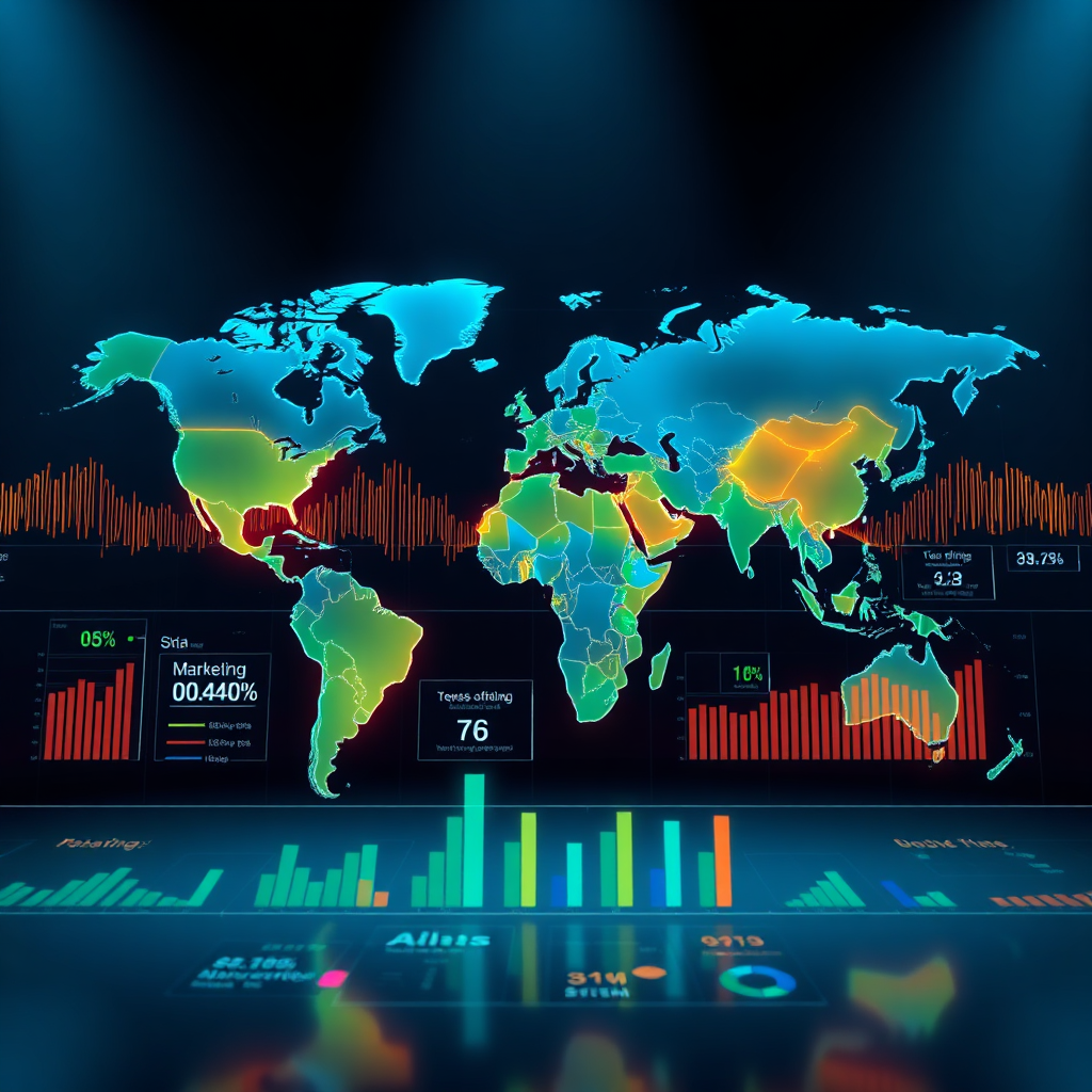 Depict a world map overlaid with sound waves and data visualizations. The map should highlight specific areas with high demand for KI-Audio products. The data visualizations should be dynamic and informative, displaying trends and opportunities. The lighting should be bright and focused, emphasizing the clarity of the market analysis. The color palette consists of blues, greens, and oranges, symbolizing growth and opportunity. The scene should convey the power of data-driven decision-making in the KI-Audio market. Style references: market research reports and geographic visualizations.