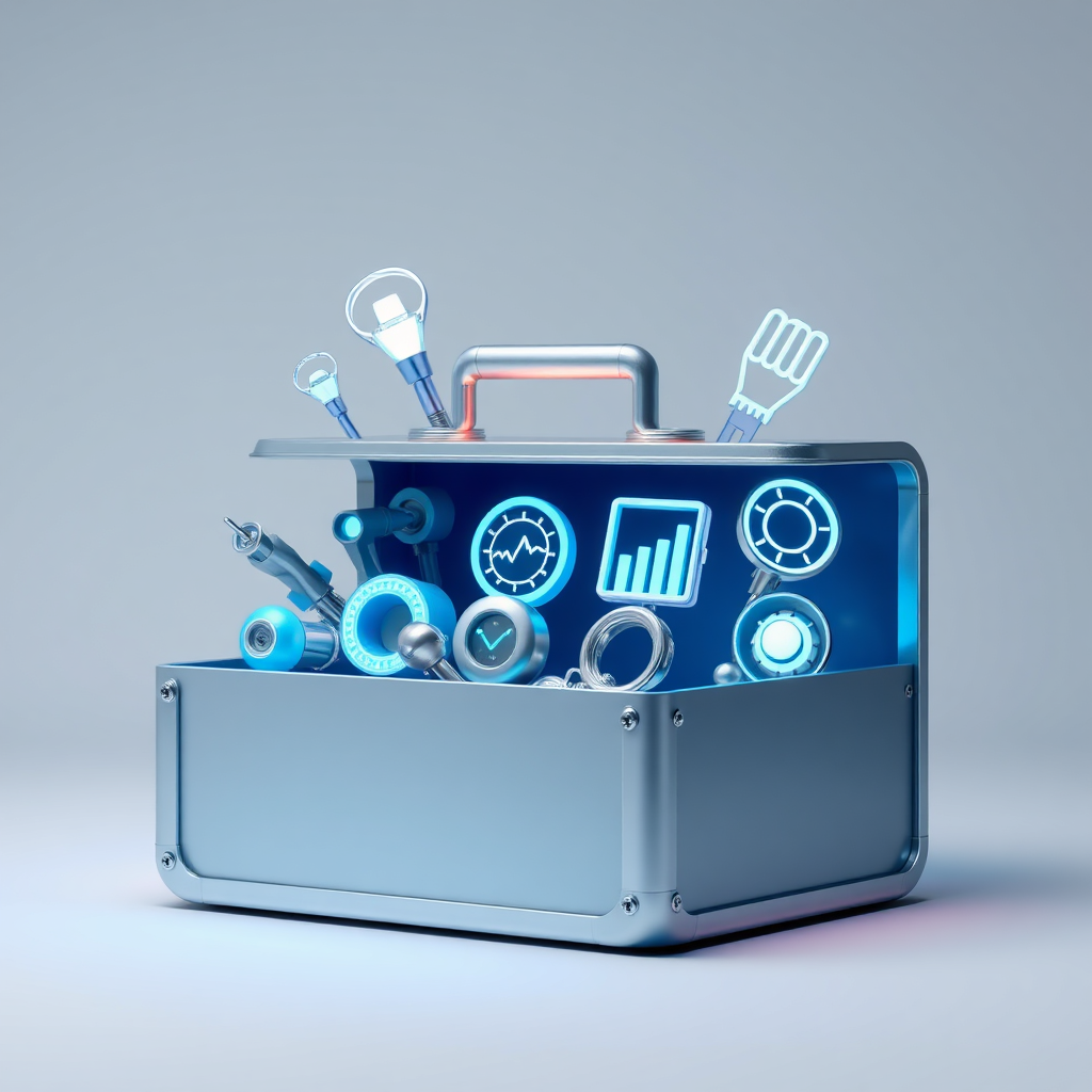 Imagine a digital toolbox containing shining, futuristic tools labeled with icons representing marketing, analytics, and automation. The toolbox is glowing softly from within. Use a clean, modern style with a light blue and white color palette. Resolution: 4K.