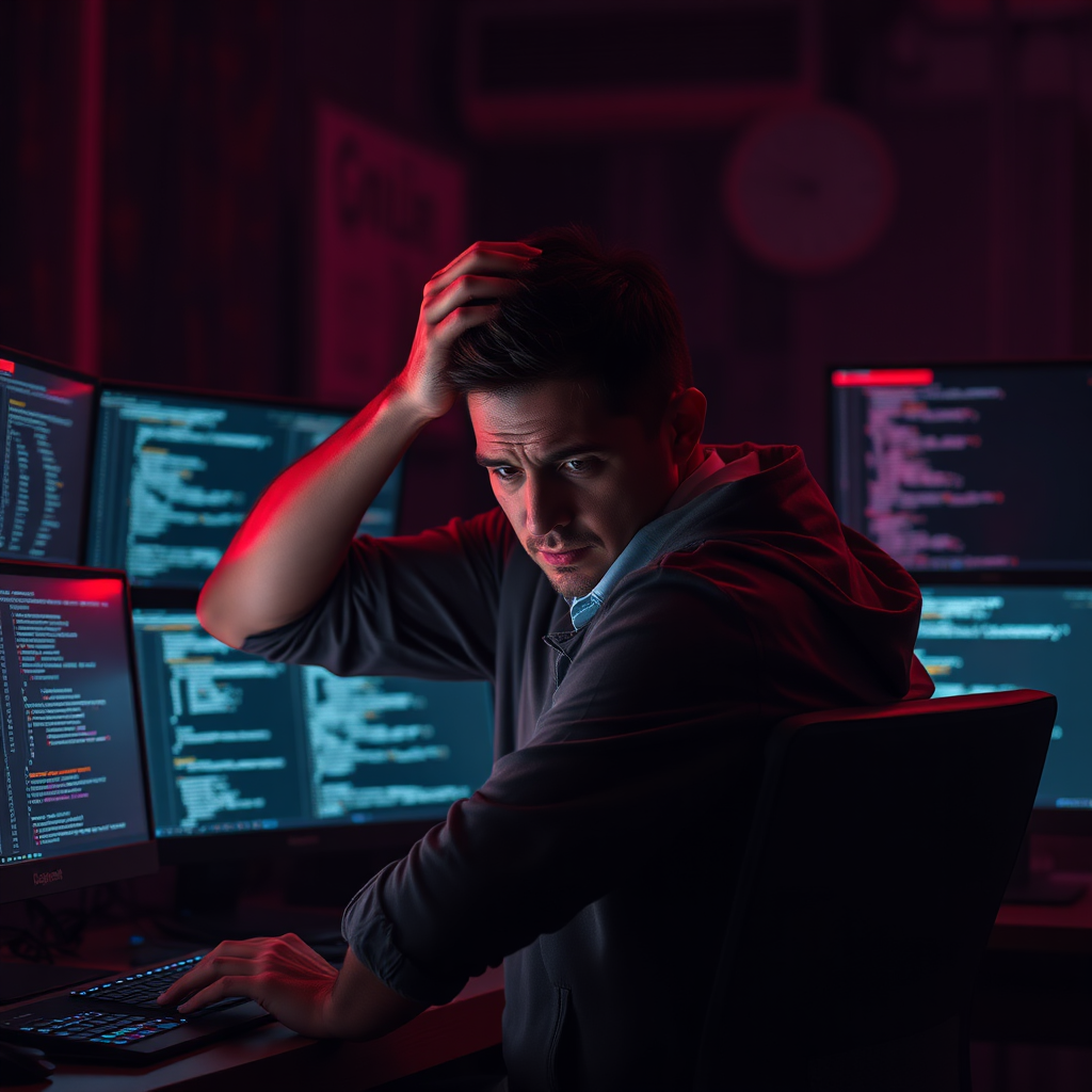 Frustrierter Unternehmer vor vielen Bildschirmen