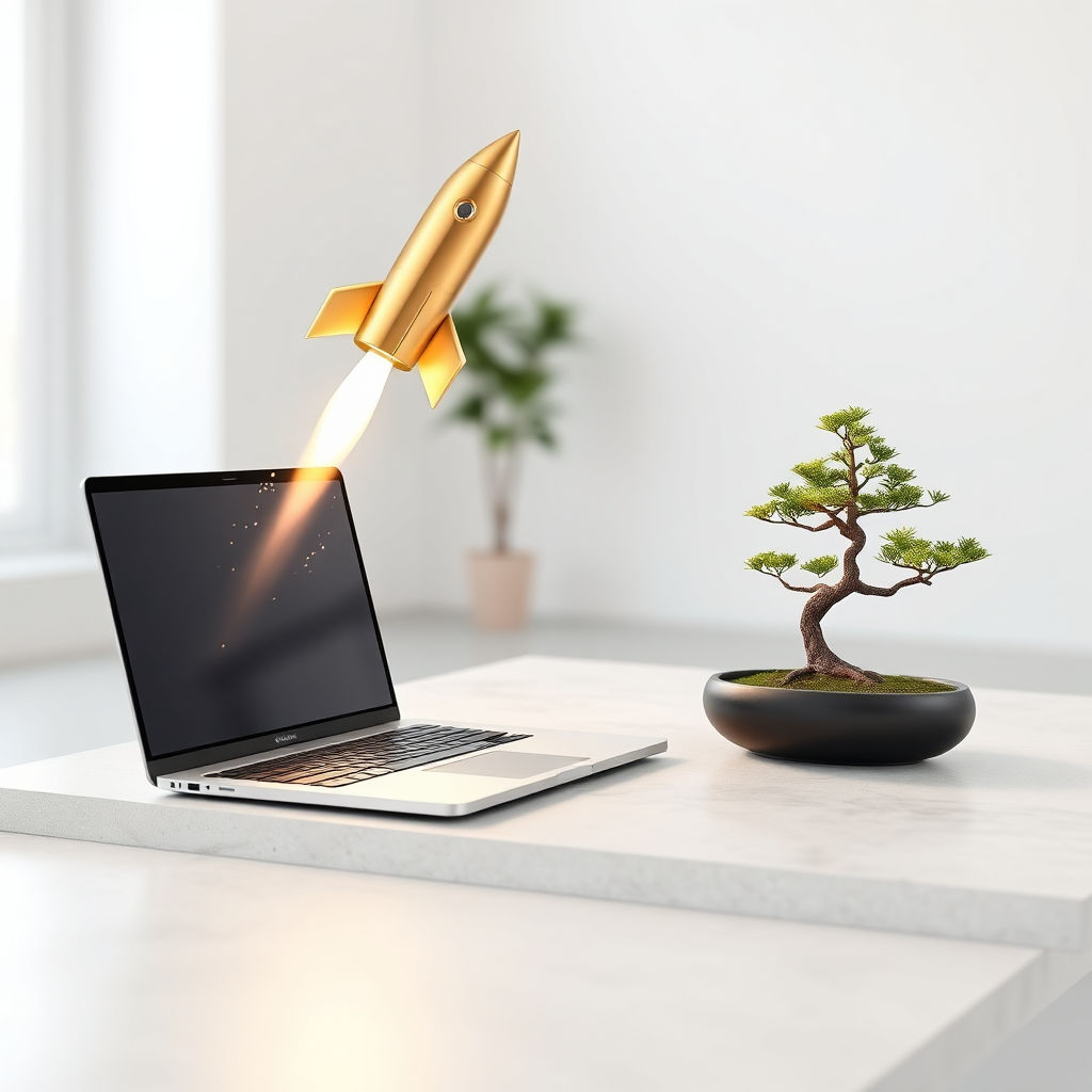Goldene Rakete startet von einem Laptop-Bildschirm