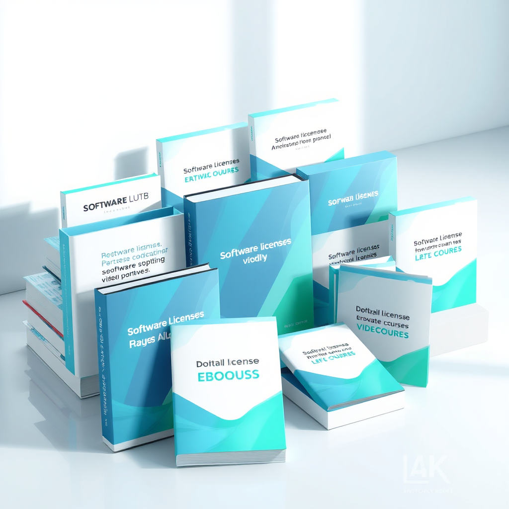 Visualize a beautifully designed bundle of digital products, including software licenses, e-books, and video courses, all neatly packaged together. The bundle is presented on a modern, minimalist background. The color palette should be clean and professional, with accents of blue and green to represent technology and growth. Lighting should be soft and diffused, highlighting the individual components of the bundle. Resolution: 4K.