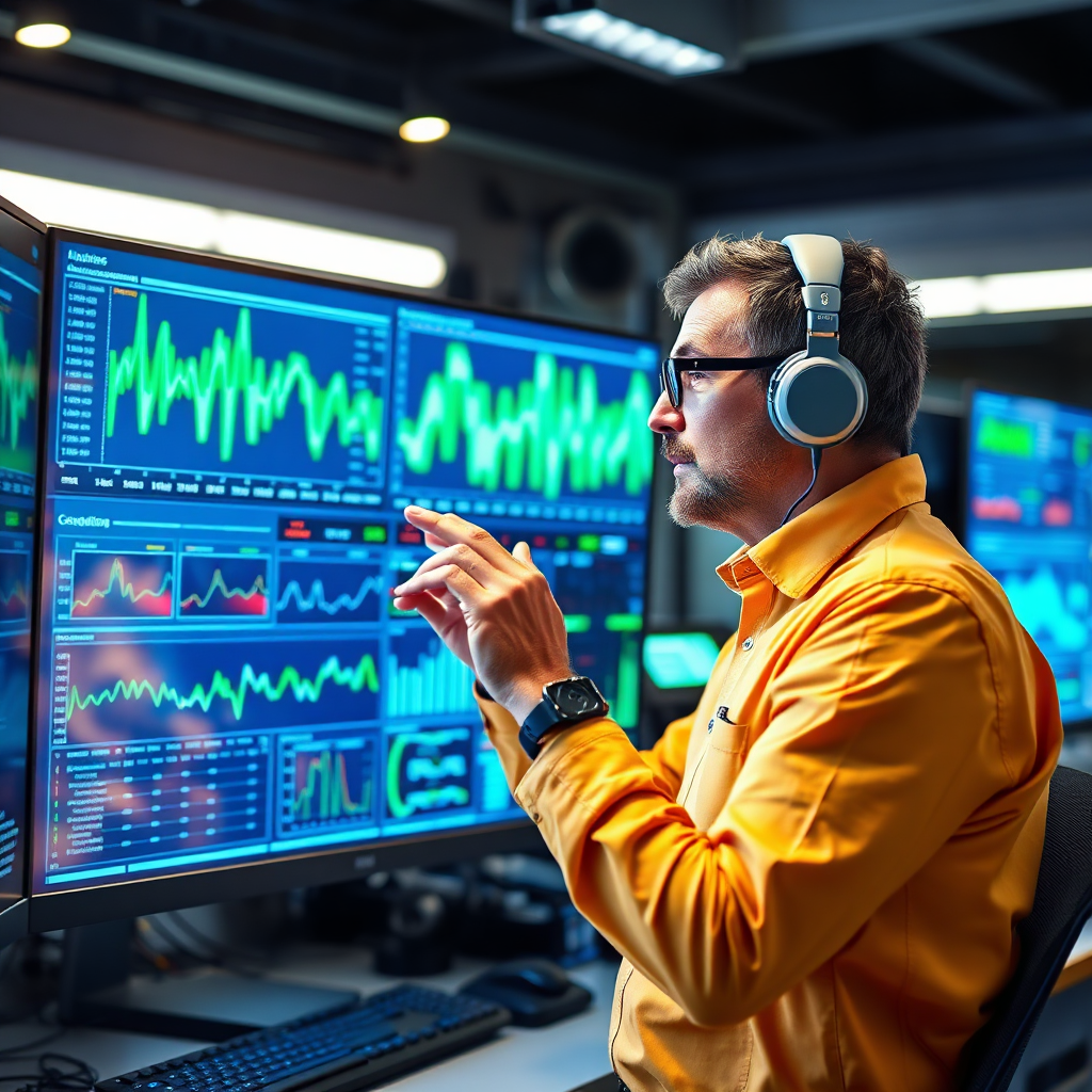 Visualize a consultant analyzing data on a futuristic screen, with sound waves and audio equipment displayed in the background. Focus on the analytical process and strategic planning, highlighting the benefits of expert consultation in the KI-Audio field. The consultant should be approachable and knowledgeable. Lighting is bright and professional, highlighting the analytical aspects. Colors should be predominantly blue and green to represent technology and innovation.