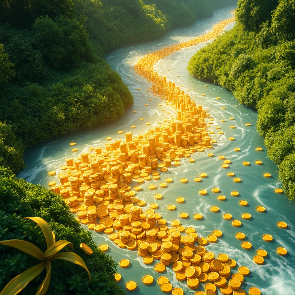 Visualize a flowing river of sound waves transforming into streams of gold coins. The river is surrounded by lush greenery, representing the abundance of opportunities in the KI-Audio market. The gold coins should be sparkling and plentiful, emphasizing the potential for financial success. The lighting should be warm and inviting, creating a sense of prosperity and wealth. The color palette consists of golds, greens, and blues, symbolizing financial growth and innovation. The scene should evoke a feeling of unlimited potential for monetization. Style references: fantasy landscapes and finance advertising.