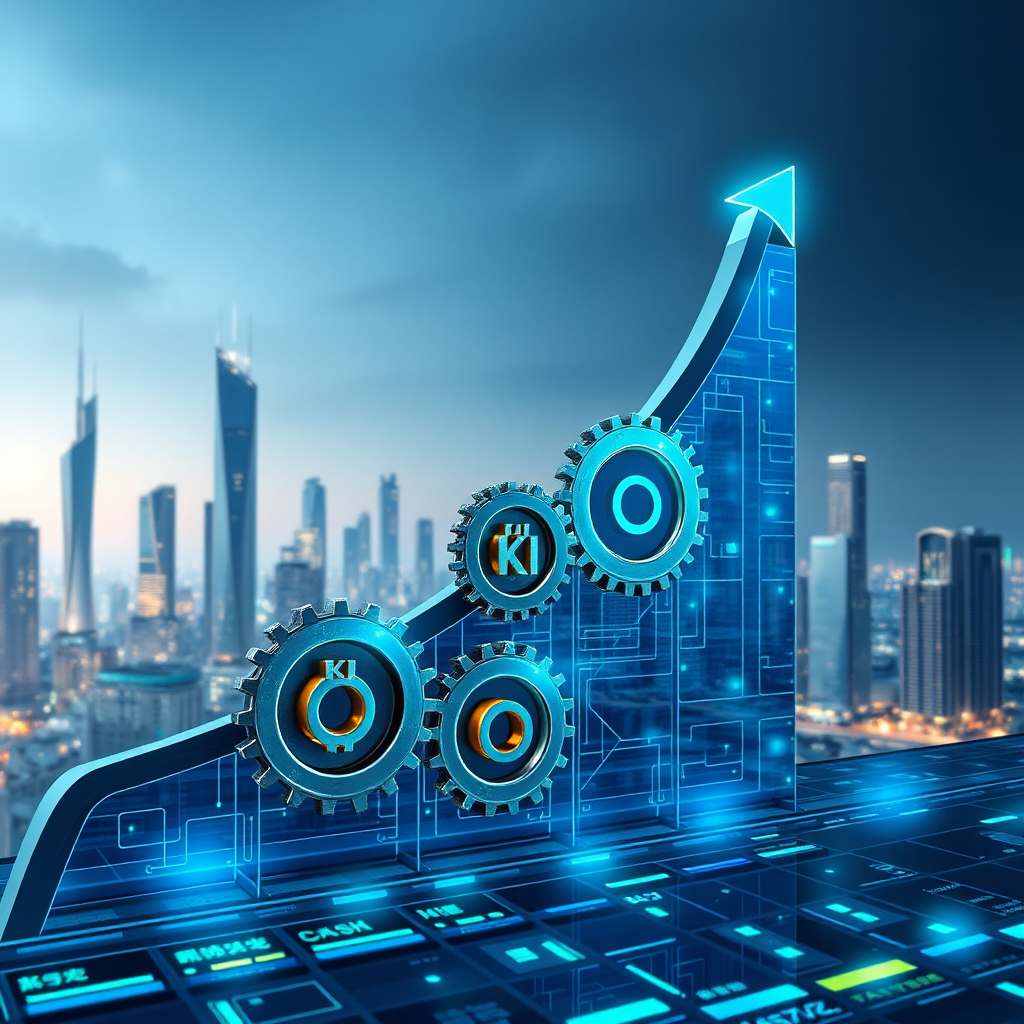 Visualize a graph trending upwards, powered by gears and cogs labeled with 'KI' and 'Cash'. The background shows a cityscape with skyscrapers representing success. Use a futuristic, tech-inspired style with metallic textures and glowing lights. The color scheme should be primarily blue and green, symbolizing growth and technology. Resolution: 4K.