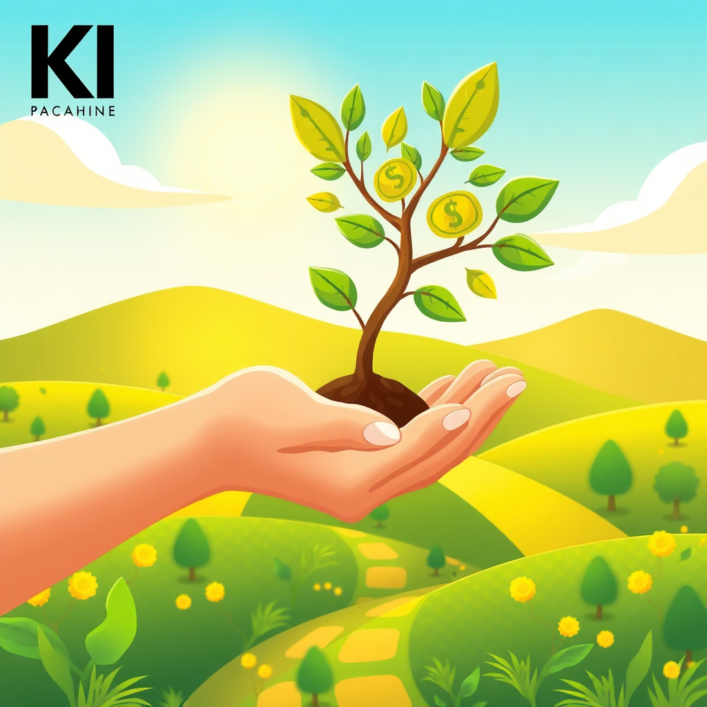Visualize a hand holding a seed (representing the KI Cash Machine) that is growing into a flourishing tree with money leaves. The background shows a sunny landscape. Use a vibrant, optimistic color palette with greens and yellows. Style: Stylized illustration. Resolution: 4K.