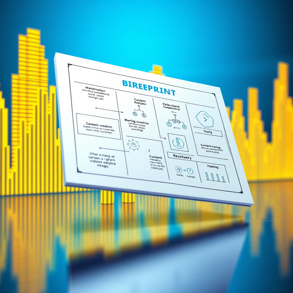 Visualize a personalized blueprint overlaid on a 3D rendered audio waveform. The blueprint should be customizable and highlight key elements like market analysis, content creation, and monetization. Use a vibrant color palette with blues, greens, and yellows to emphasize the dynamic nature of the strategy. The lighting should be bright and focused, illuminating the blueprint and waveform. The scene should evoke a sense of control and customization, highlighting the power of tailored strategies in building a successful KI-Audio empire. Style references: architectural visualizations and tech-focused design.