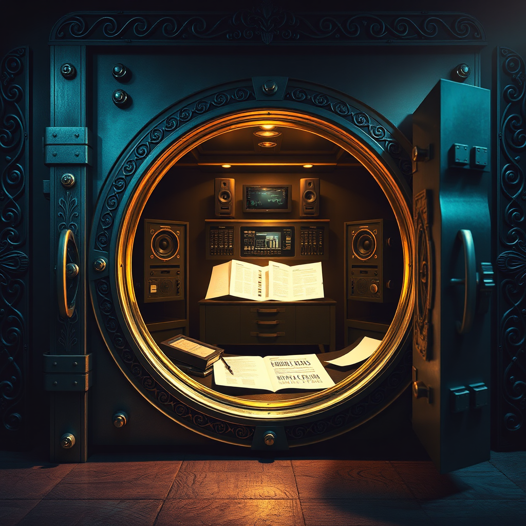 Visualize a vault door opening to reveal glowing audio equipment and strategic plans. The scene is dramatically lit, creating a sense of mystery and exclusivity. The vault door is made of steel and intricate carvings, adding a touch of sophistication. The color palette consists of dark blues, greens, and golds, evoking a feeling of secrecy and wealth. The image should convey that you are revealing valuable, confidential information. Style references: thriller movie scenes and luxury brand advertising.