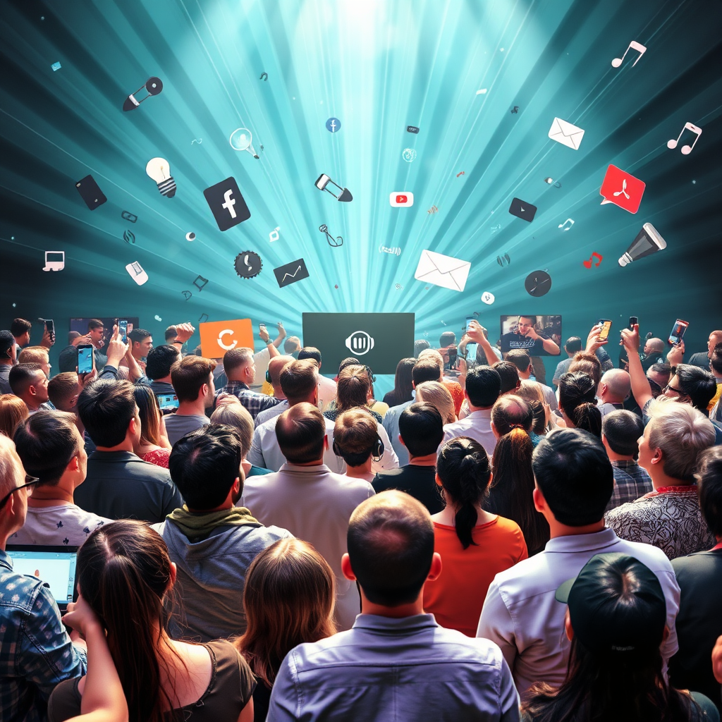 Visualize audio waves expanding outward, reaching a diverse audience. The scene involves various marketing channels, such as social media, podcasts, and streaming services. Emphasis should be on the reach and impact of a well-executed marketing campaign. Lighting should be bright and expansive to symbolize reach. Colors should be diverse and engaging to represent a broad audience.