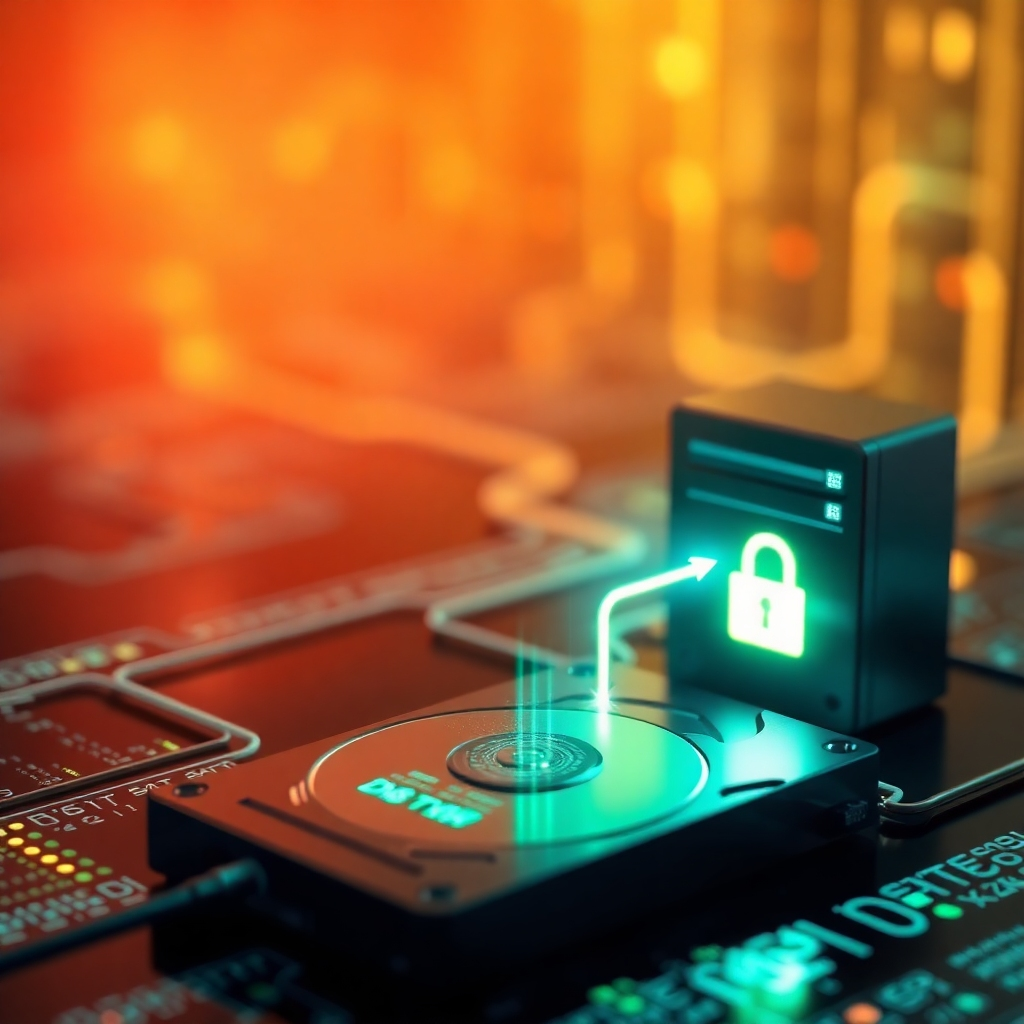 Create a digital image depicting data flowing from a damaged hard drive to a secure server, highlighting the recovery process. Use dynamic lighting to accentuate data streams.