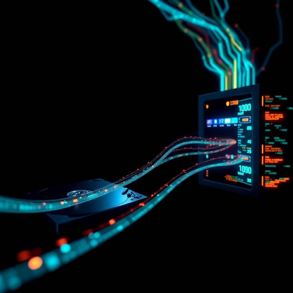 Create a dramatic image showcasing data recovery. The image should depict data streams flowing from a damaged hard drive to a secure server. Use a dark background with vibrant, glowing data streams to emphasize the recovery process. The style should be modern and futuristic, like a scene from a tech thriller.