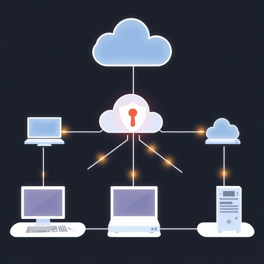 Create a network diagram showing computers, routers, and servers connected with glowing data lines, emphasizing the network's efficiency and security. Use a clean and modern style.