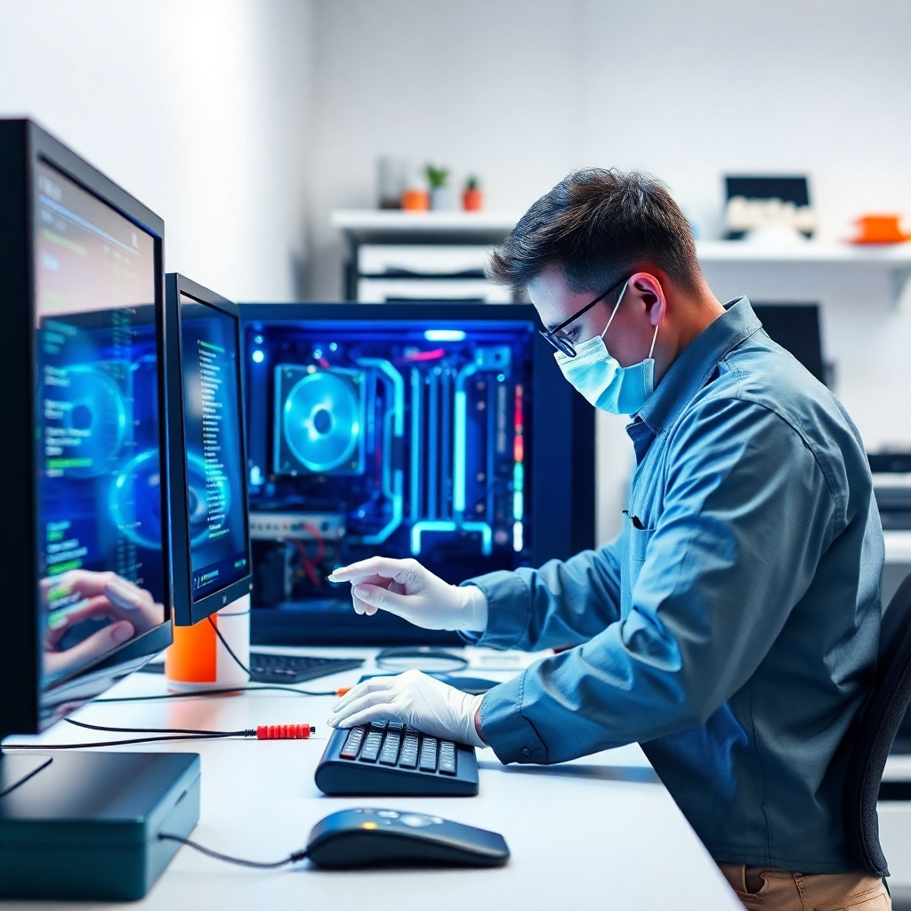 Create a photorealistic image of a technician performing routine maintenance on a computer, focusing on cleaning and optimization. The environment should be a clean, organized workspace. The lighting should be bright and even, showcasing the thoroughness of the maintenance process. The style should be clean and professional, like a demonstration video.