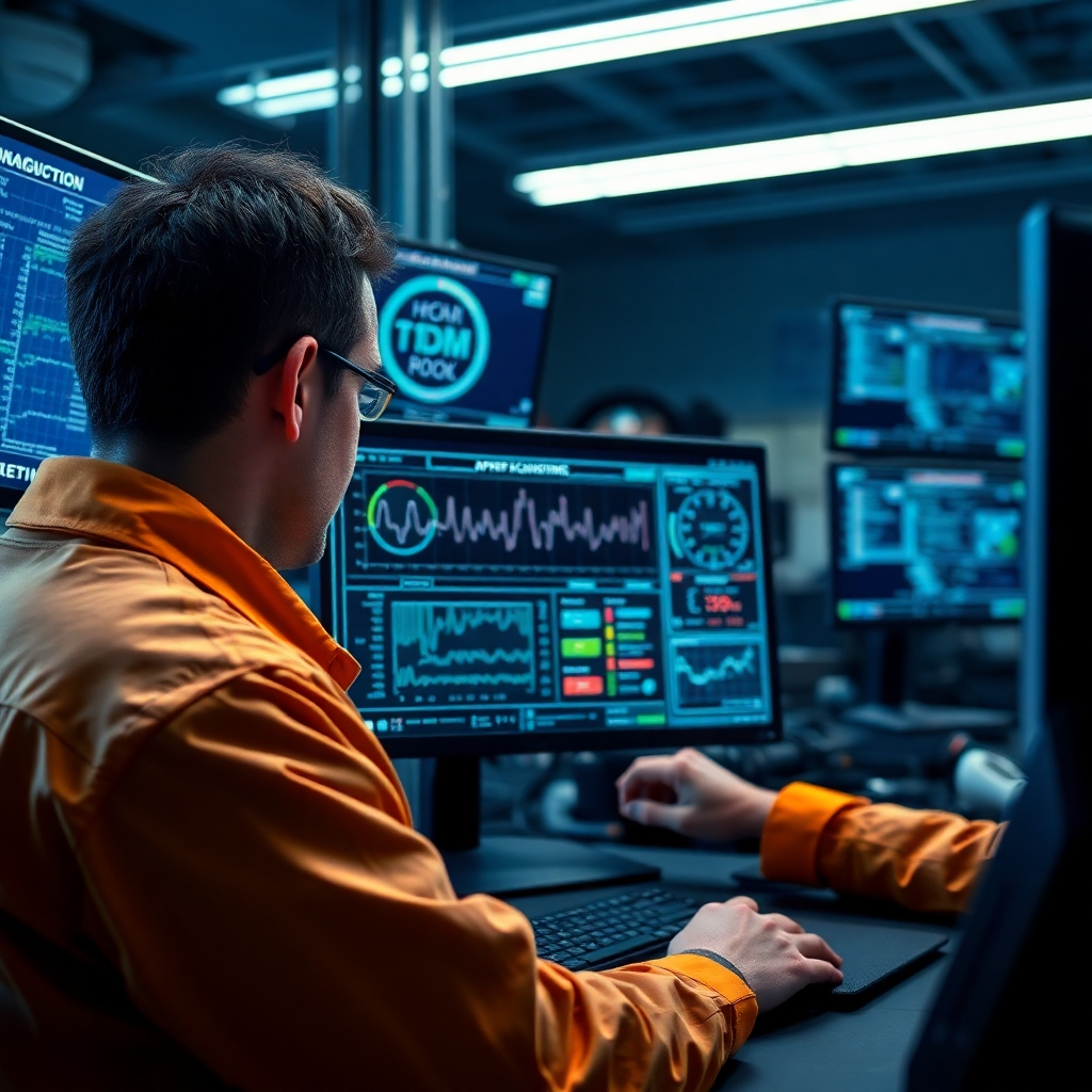 Create a photorealistic image showing a technician using diagnostic software on a computer. The software should display complex data, highlighting the speed and accuracy of the diagnostic process. The environment is a modern repair lab, with multiple screens displaying technical information. Use cool lighting and sharp focus to emphasize the technology. The style should be similar to a professional tech demo.