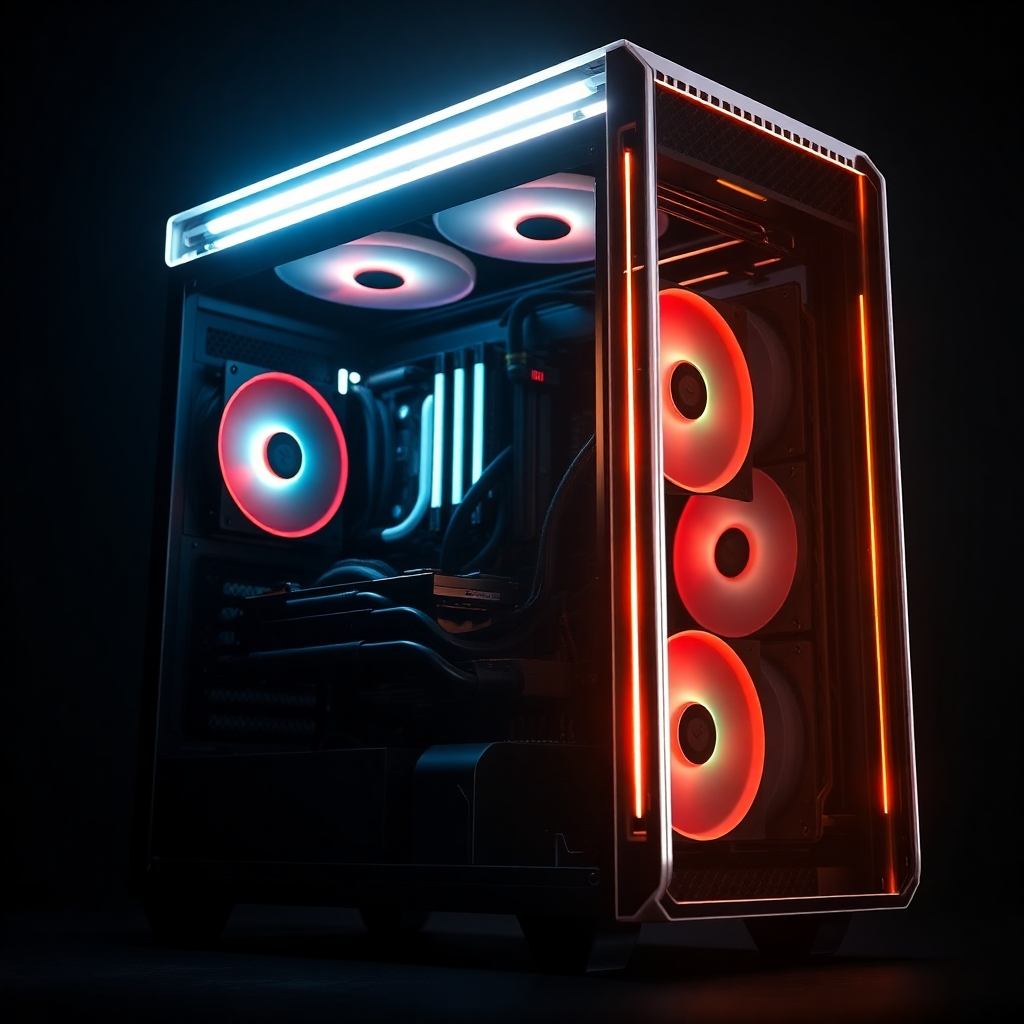 Create a photorealistic image of a custom-built computer, highlighting its unique design and high-performance components. The lighting should be dramatic, showcasing the textures and details of the hardware. The style should be similar to a professional gaming rig showcase.