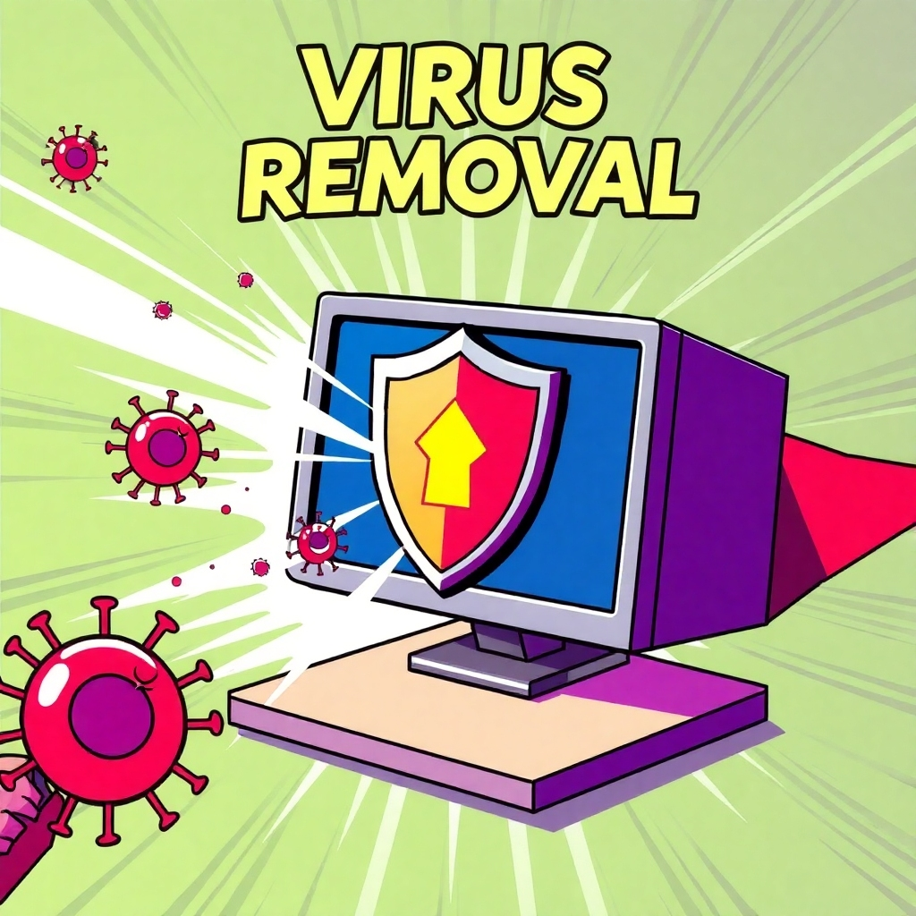 Create a stylized image representing virus removal. The image should depict a computer being protected by a shield, deflecting viruses and malware. Use a vibrant color palette and a dynamic composition to convey the protective nature of the service. The style should be similar to a superhero comic book cover.