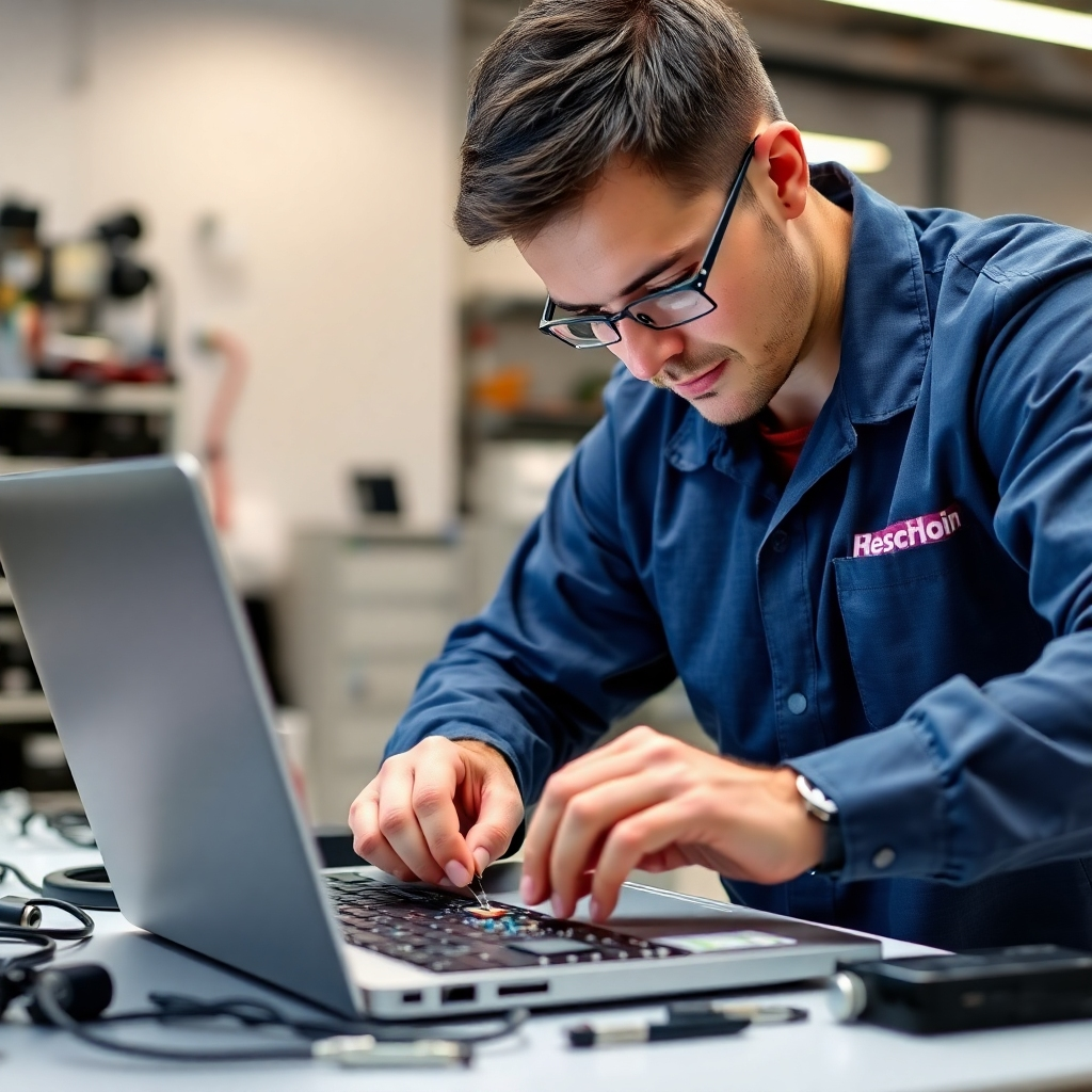 Create an image showing a technician repairing a laptop with focused attention to detail. The setting is a modern and clean repair environment. Use good lighting to showcase components.