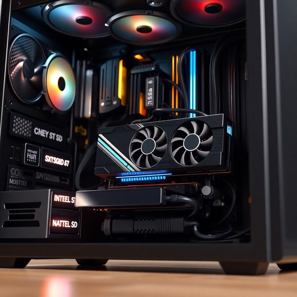 Generate a photorealistic image showing a computer with upgraded components being installed, such as a new graphics card or SSD. Focus on the modern, high-performance nature of the components. The lighting should be dynamic, highlighting the textures and details of the hardware. The style should be similar to a professional product showcase.