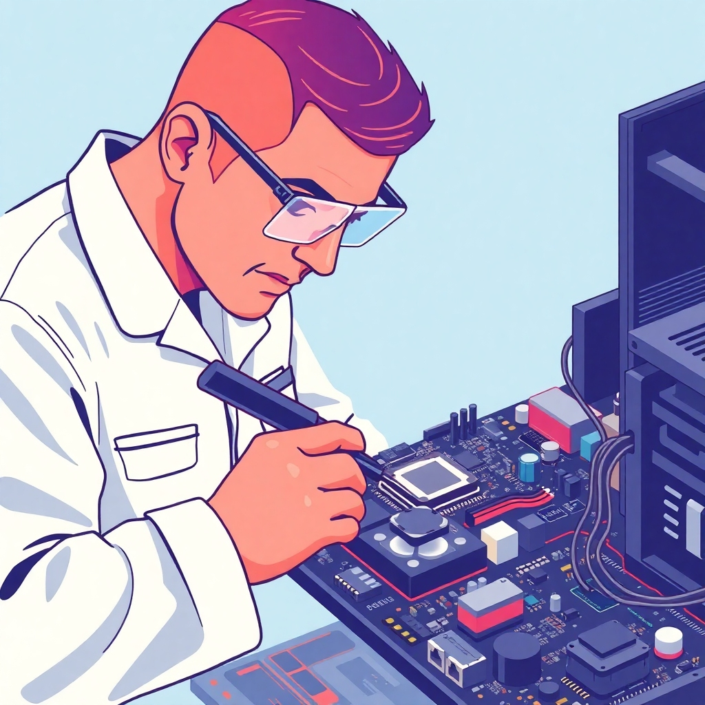 Generate a stylized image illustrating a technician expertly repairing a motherboard with specialized tools. Focus on the precision and skill involved in the repair process. The color palette should be vibrant, highlighting the complexity of the electronics. The style should be clean and modern, reminiscent of an infographic.