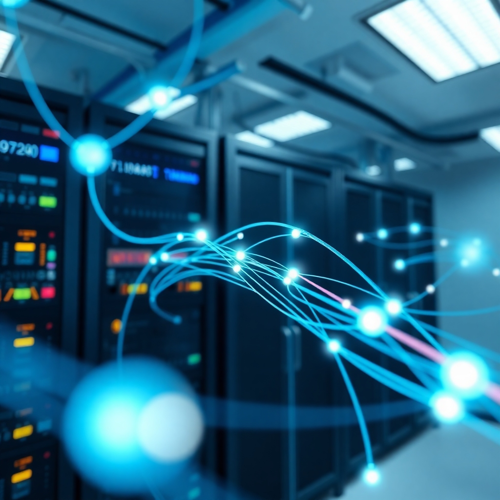 Generate an image showing a network infrastructure with secure connections and data flow. Use a clean, modern design with glowing lines to represent data transmission. The environment should be a well-organized server room. The style should be professional and informative, like a network diagram.