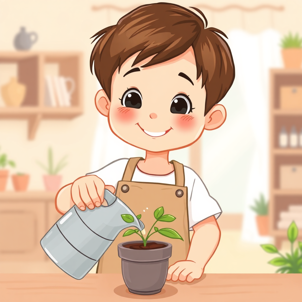 Child watering a plant, symbolizing responsibility