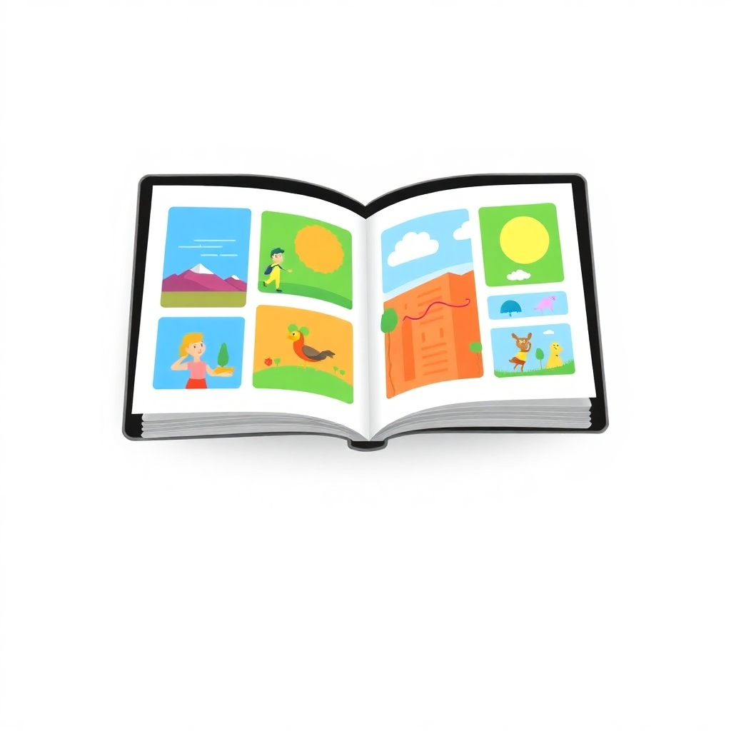 A digital flipbook flipping through pages, displaying colourful images and animations. The background is a clean, white space. Style: Flat vector graphic.
