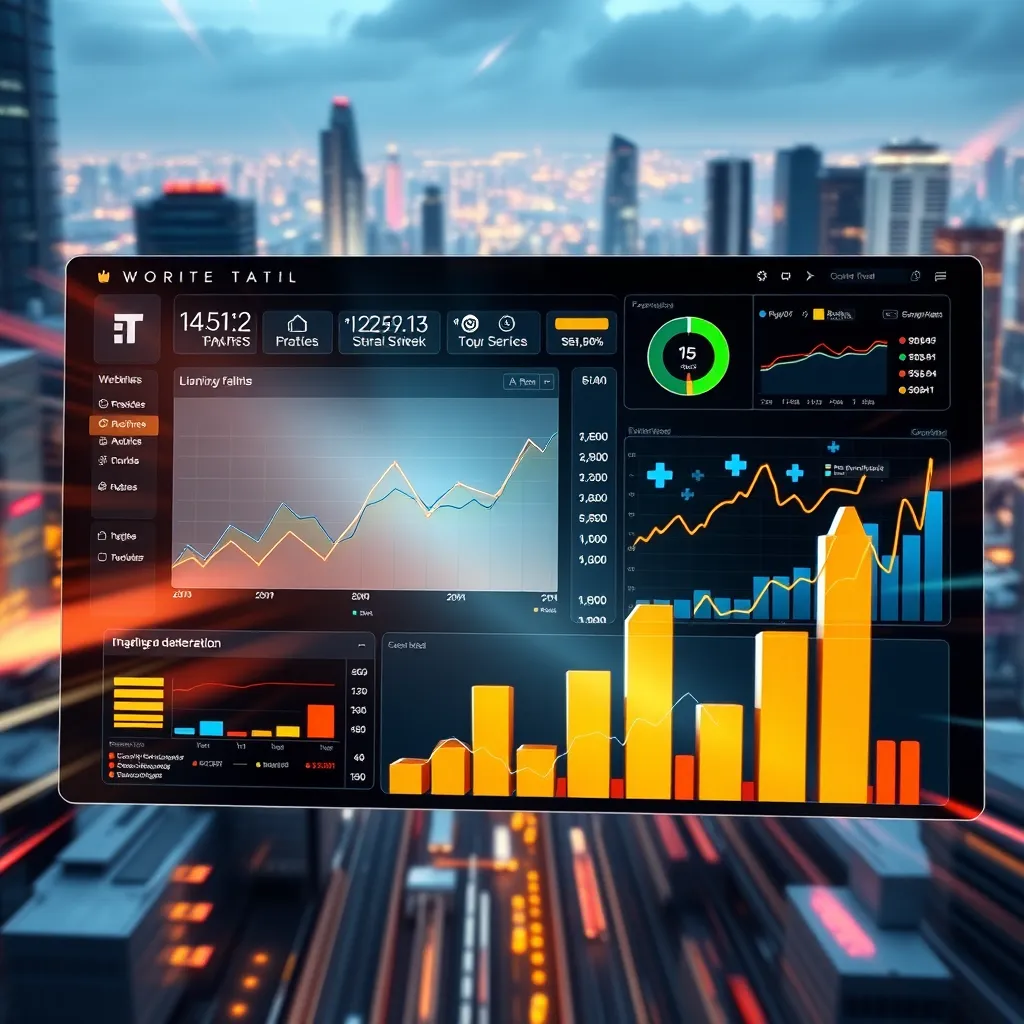 A dynamic image of a data visualization dashboard with interactive charts and graphs representing website traffic, conversion rates, and social media engagement.  The background is a futuristic cityscape with a sleek, modern design.  Use bold, contrasting colors to highlight key performance indicators and trends.  The scene is dynamic and energetic, conveying the power of data-driven decision making. Render in 8K resolution with a focus on sharp detail and realistic textures, capturing the complexity and beauty of data visualizations. The lighting should be vibrant and dynamic, highlighting the key data points and trends. The image should capture a sense of momentum and progress, reflecting the potential of data analysis to optimize marketing performance.