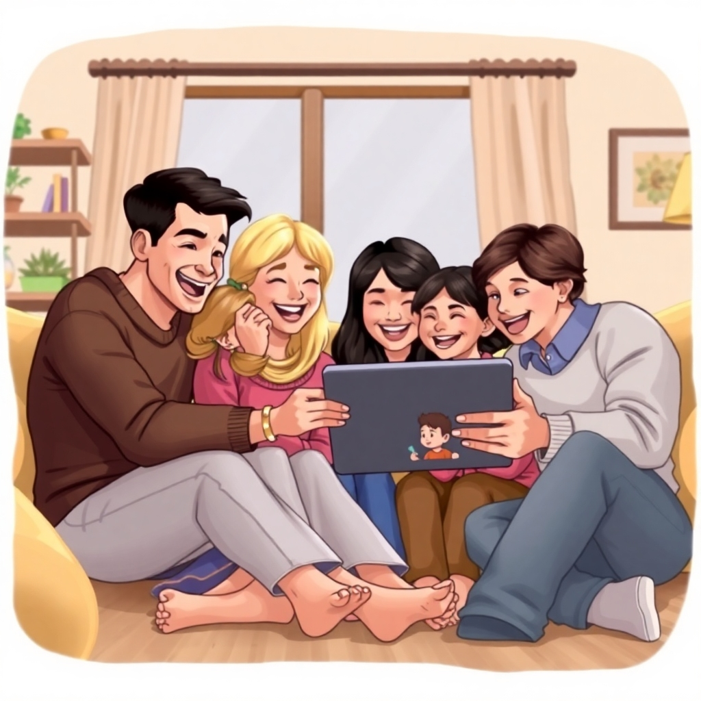 A family gathered around a tablet, watching a video together. They are all smiling and laughing. The scene is set in a warm and inviting living room. Style: Realistic illustration.