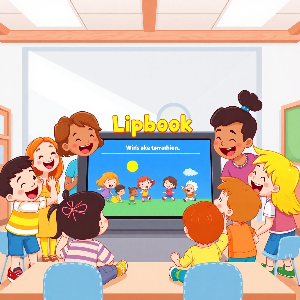 A group of diverse children laughing and engaging with a digital flipbook on a large touchscreen display. The flipbook features vibrant colors and playful characters. The scene is set in a brightly lit, modern classroom. Style: Cartoon illustration.